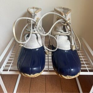 Jack Rogers CHLOE Rain Boots Navy Gold Shimmer Leather‎ Ankle Lace Up Shoes 7